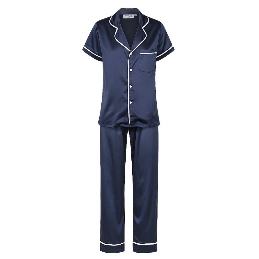 Satin Personalised Pyjama Set - Short Sleeve & Long Pants Navy/White