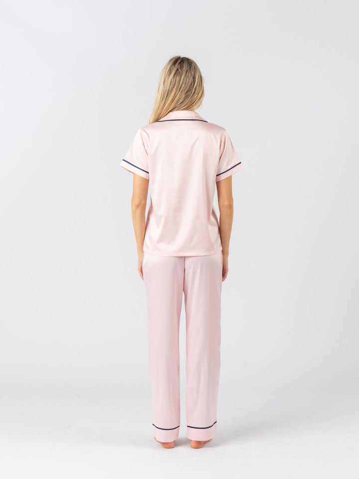 Satin Personalised Pyjama Set - Short Sleeve & Long Pants Pink/Navy