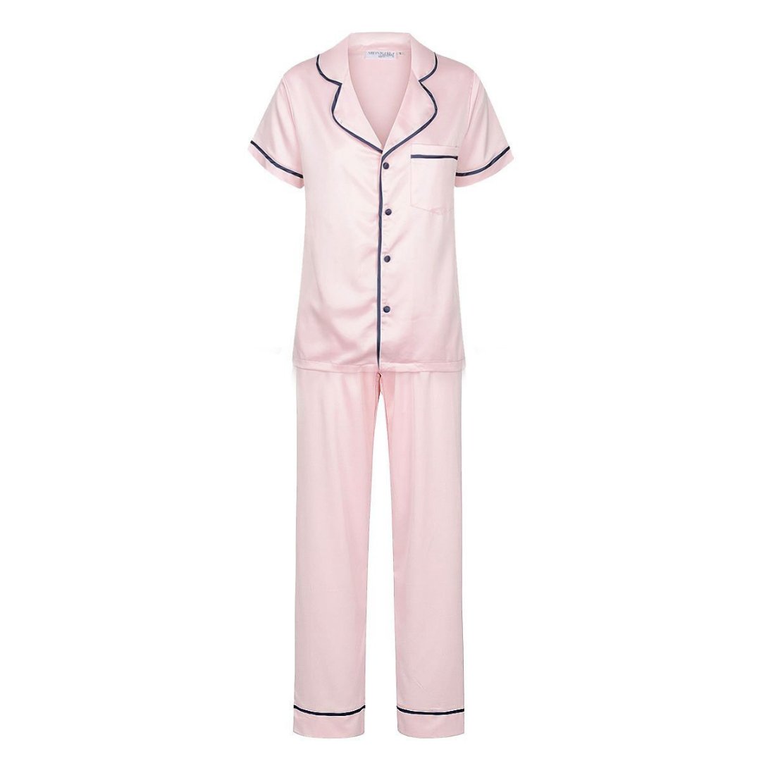 Satin Personalised Pyjama Set - Short Sleeve & Long Pants Pink/Navy