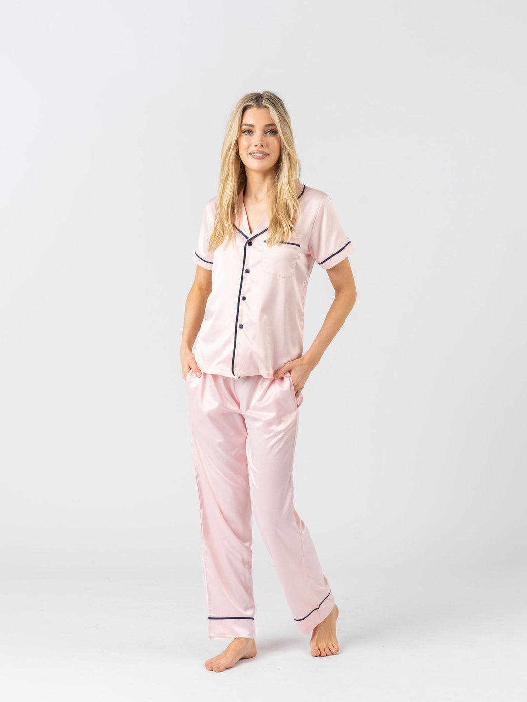 Satin Personalised Pyjama Set - Short Sleeve & Long Pants Pink/Navy