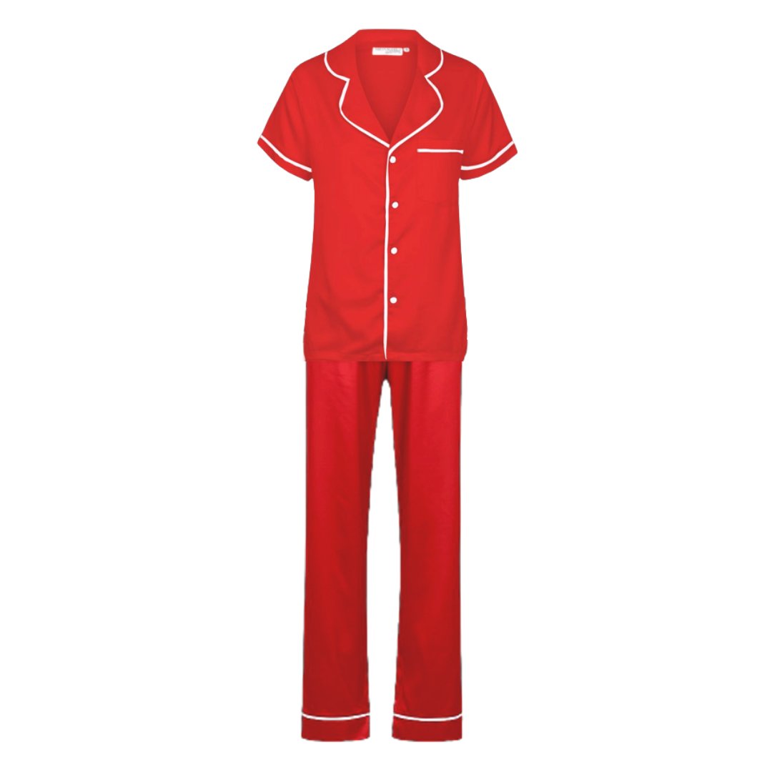 Satin Personalised Pyjama Set - Short Sleeve & Long Pants Red/White