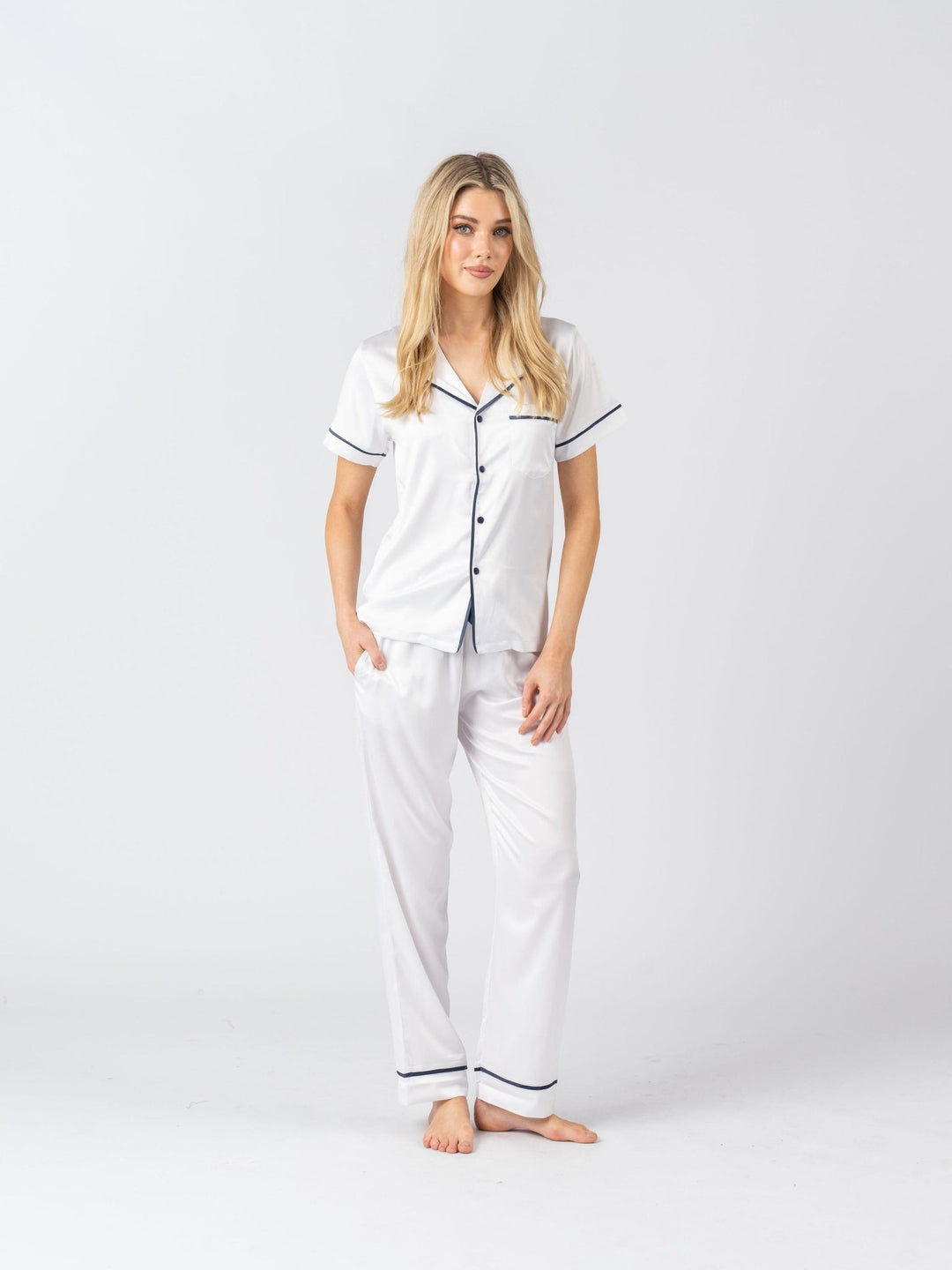 Satin Personalised Pyjama Set - Short Sleeve & Long Pants White/Navy (Faulty/Final Sale)