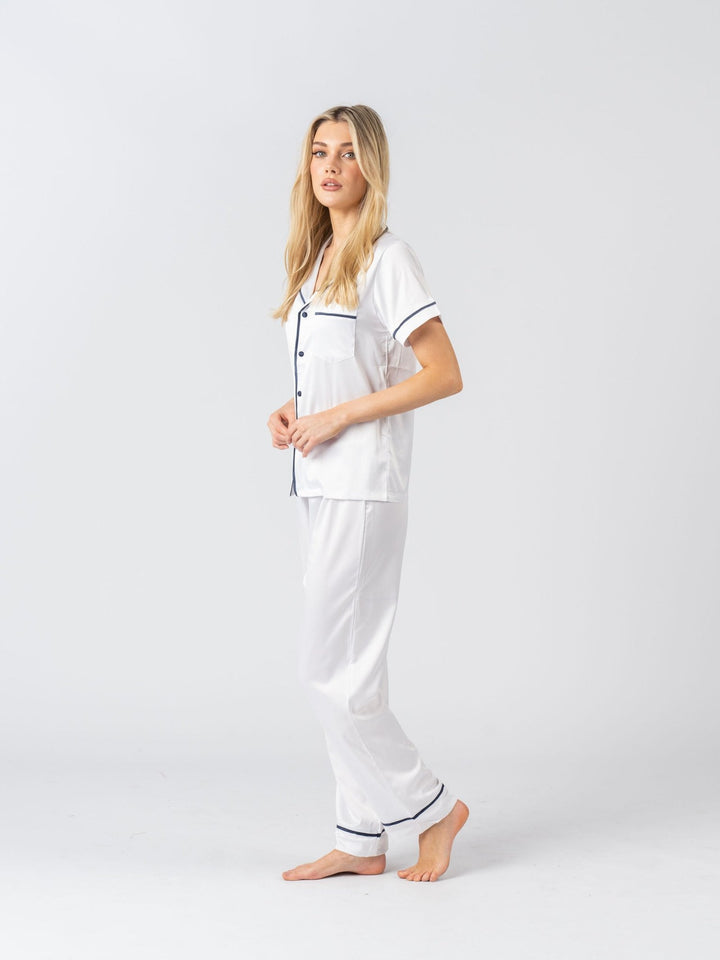 Satin Personalised Pyjama Set - Short Sleeve & Long Pants White/Navy (Faulty/Final Sale)