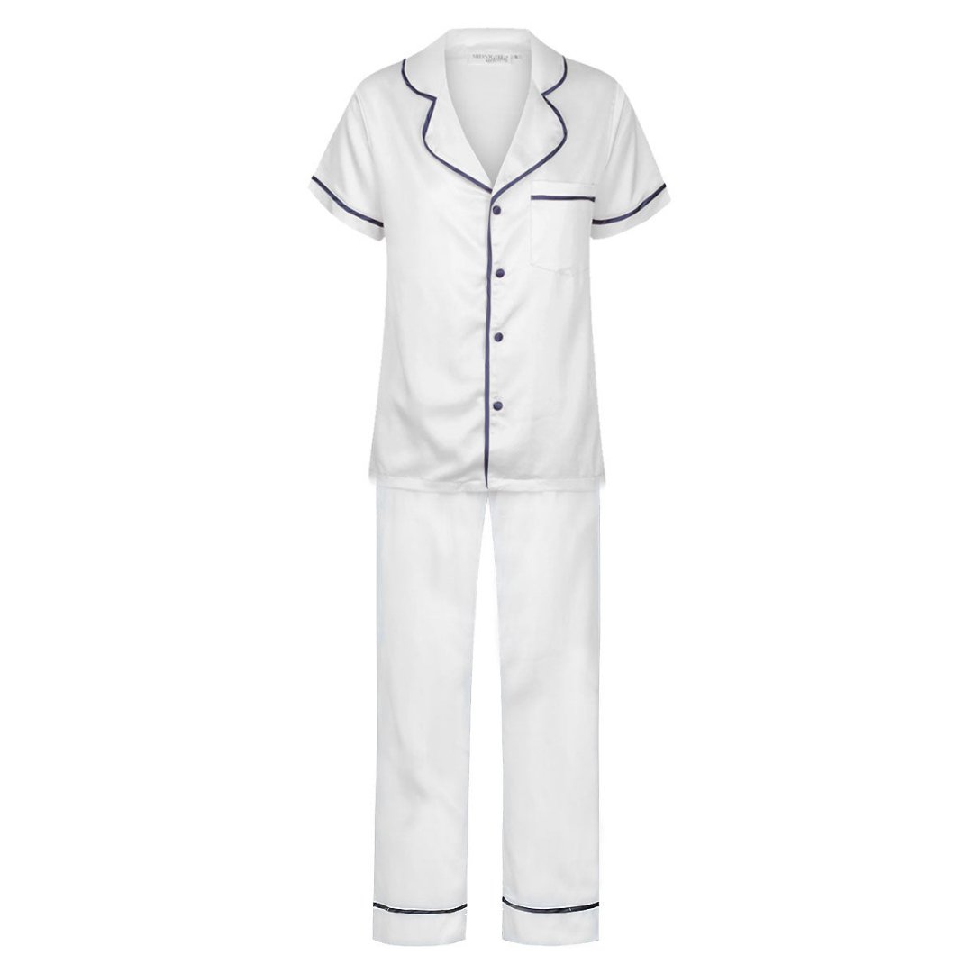 Satin Personalised Pyjama Set - Short Sleeve & Long Pants White/Navy (Faulty/Final Sale)