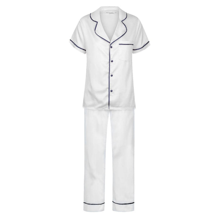 Satin Personalised Pyjama Set - Short Sleeve & Long Pants White/Navy (Faulty/Final Sale)