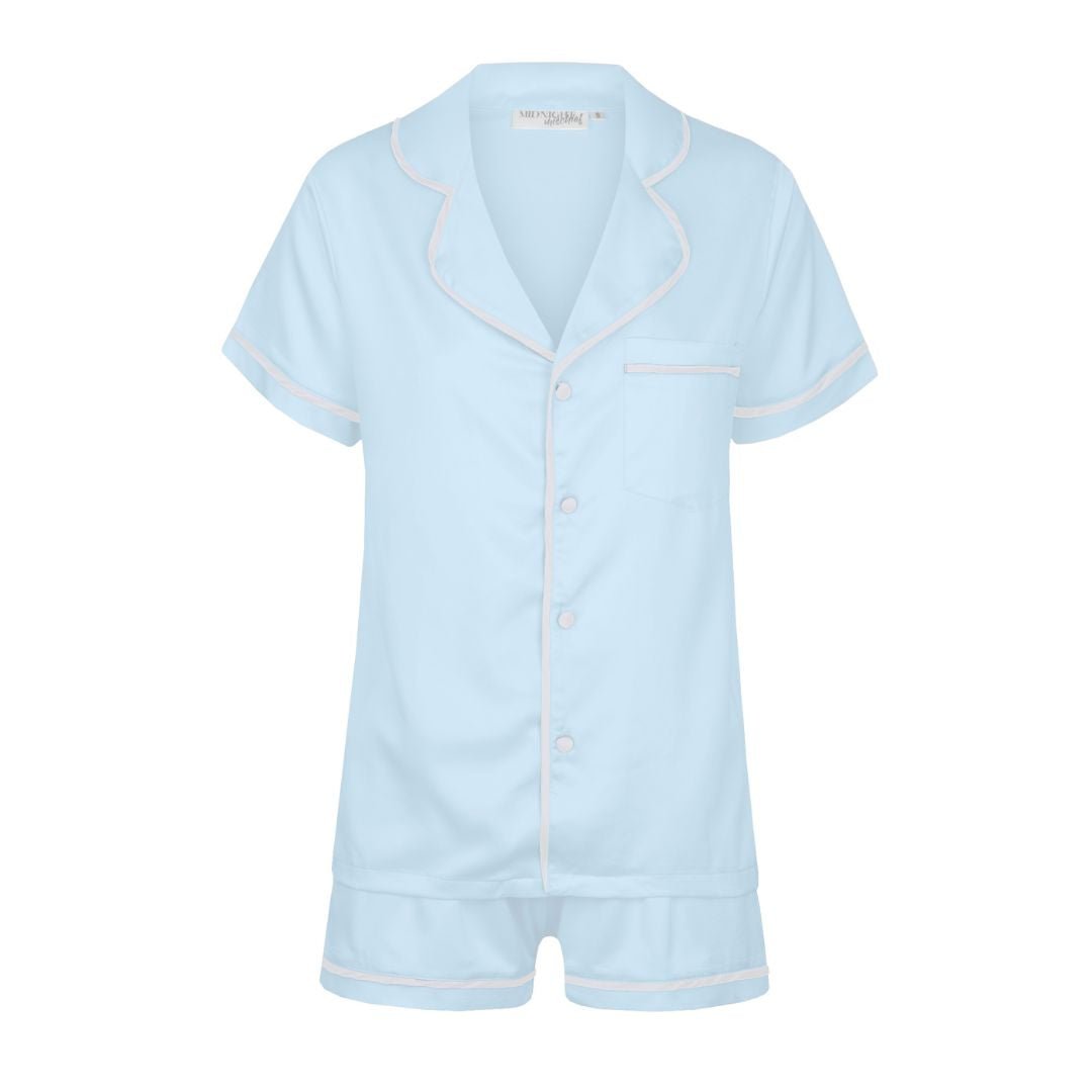 Satin Personalised Pyjama Set - Short Sleeve Pastel Blue/White