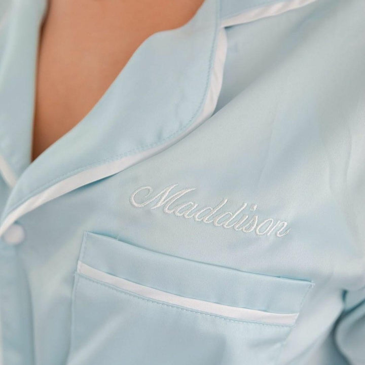 Satin Personalised Pyjama Set - Short Sleeve Pastel Blue/White