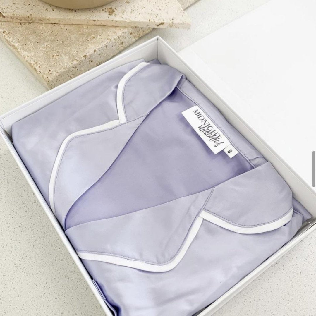 Satin Personalised Pyjama Set - Short Sleeve Pastel Purple/White