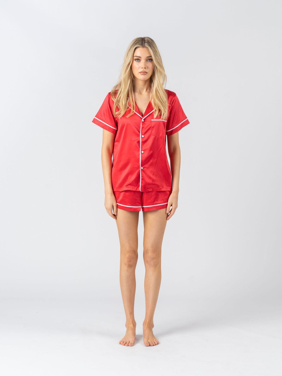 Satin Personalised Pyjama Set - Short Sleeve Red/White