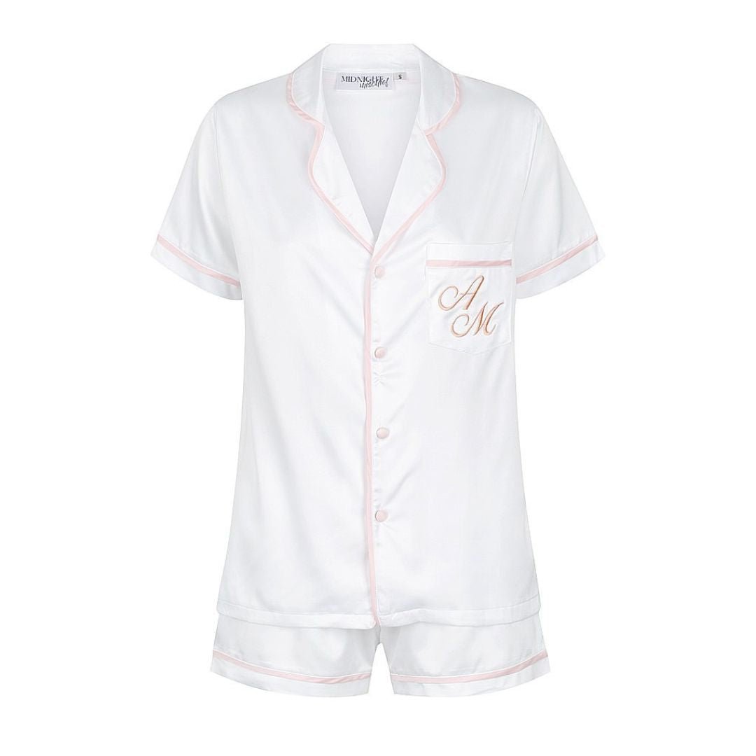 Satin Personalised Pyjama Set - Short Sleeve White/Baby Pink