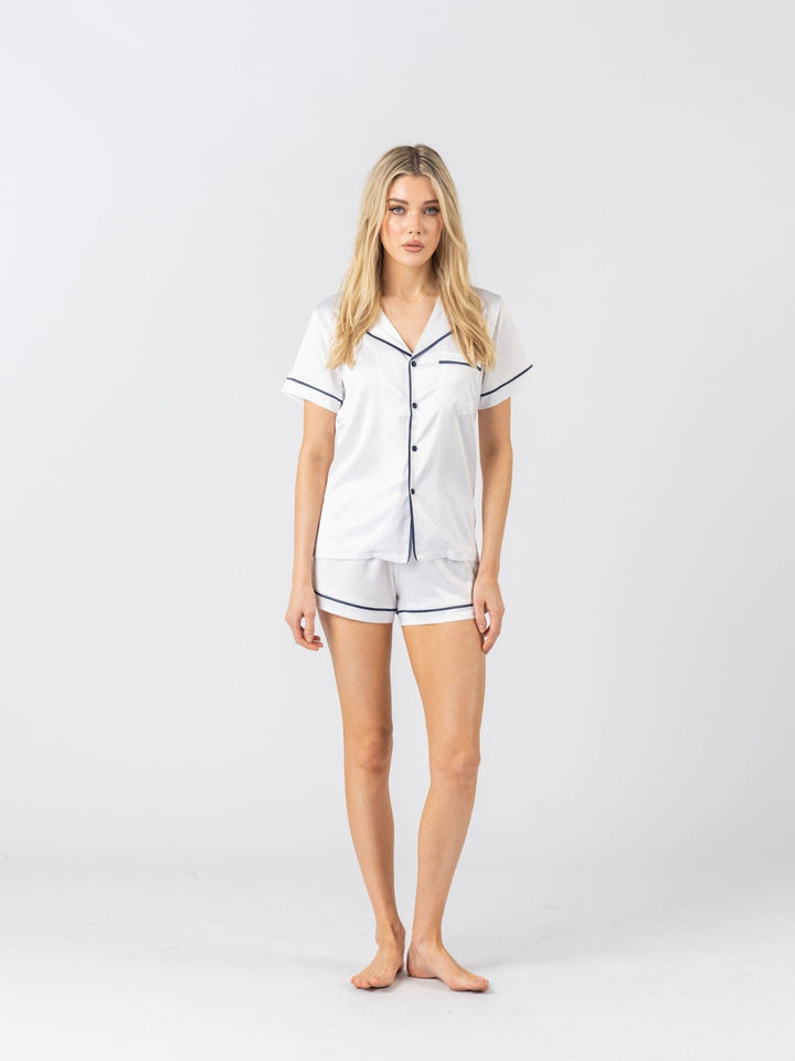 Satin Personalised Pyjama Set - Short Sleeve White/Navy