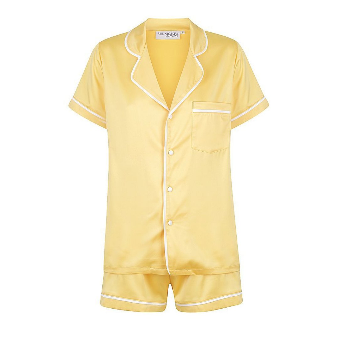 Satin Personalised Pyjama Set - Short Sleeve Yellow/White
