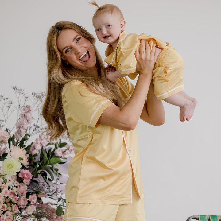 Satin Personalised Pyjama Set - Short Sleeve Yellow/White