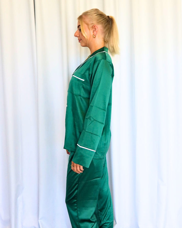 Satin Personalised Pyjama Winter Set - Long Sleeve & Long Pants Emerald Green/White