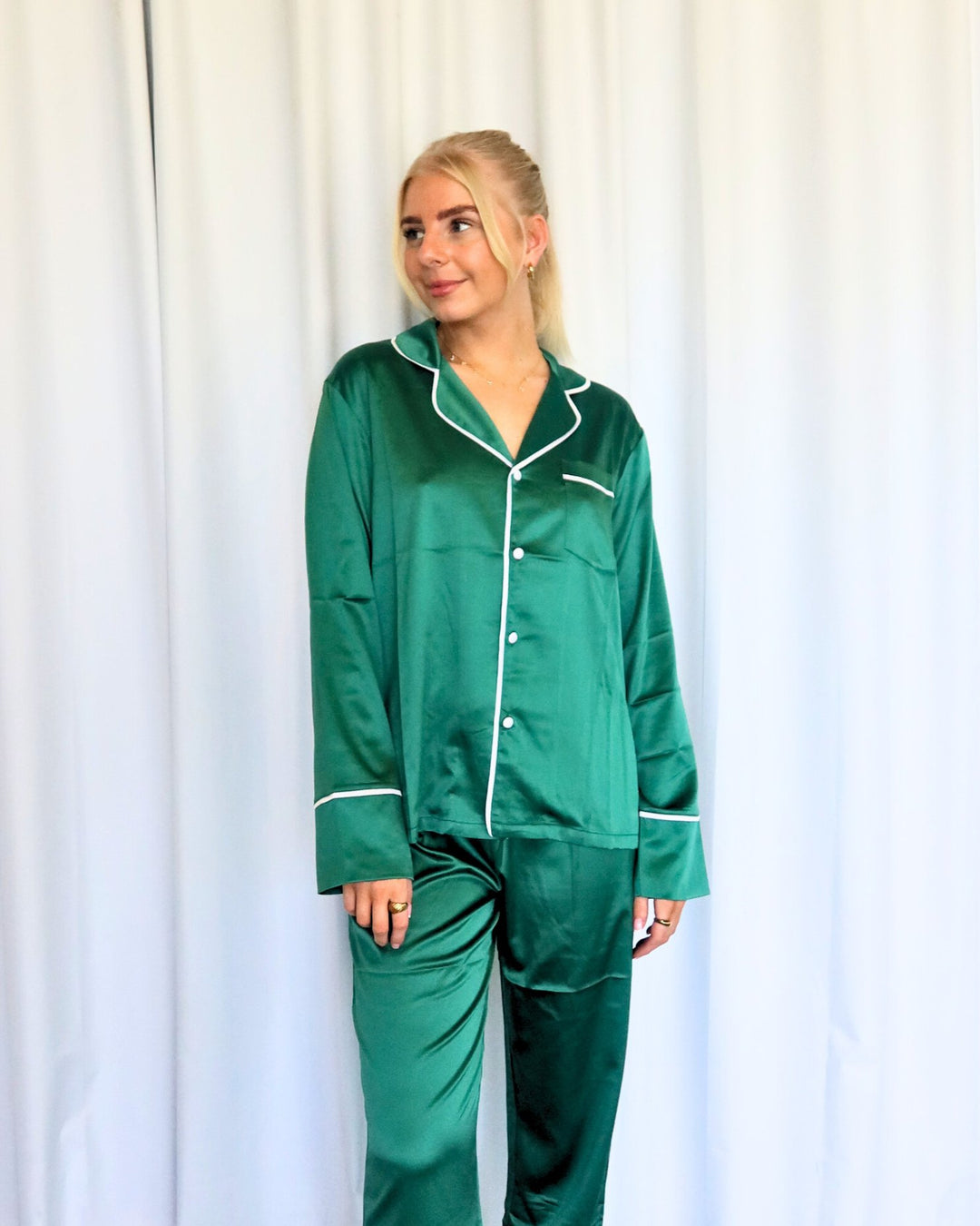 Satin Personalised Pyjama Winter Set - Long Sleeve & Long Pants Emerald Green/White