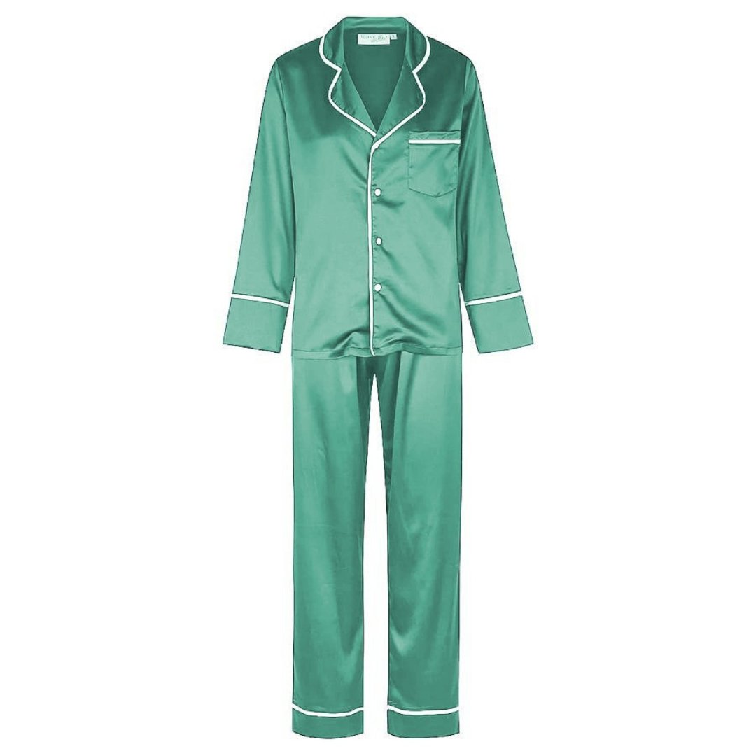 Satin Personalised Pyjama Winter Set - Long Sleeve & Long Pants Emerald Green/White