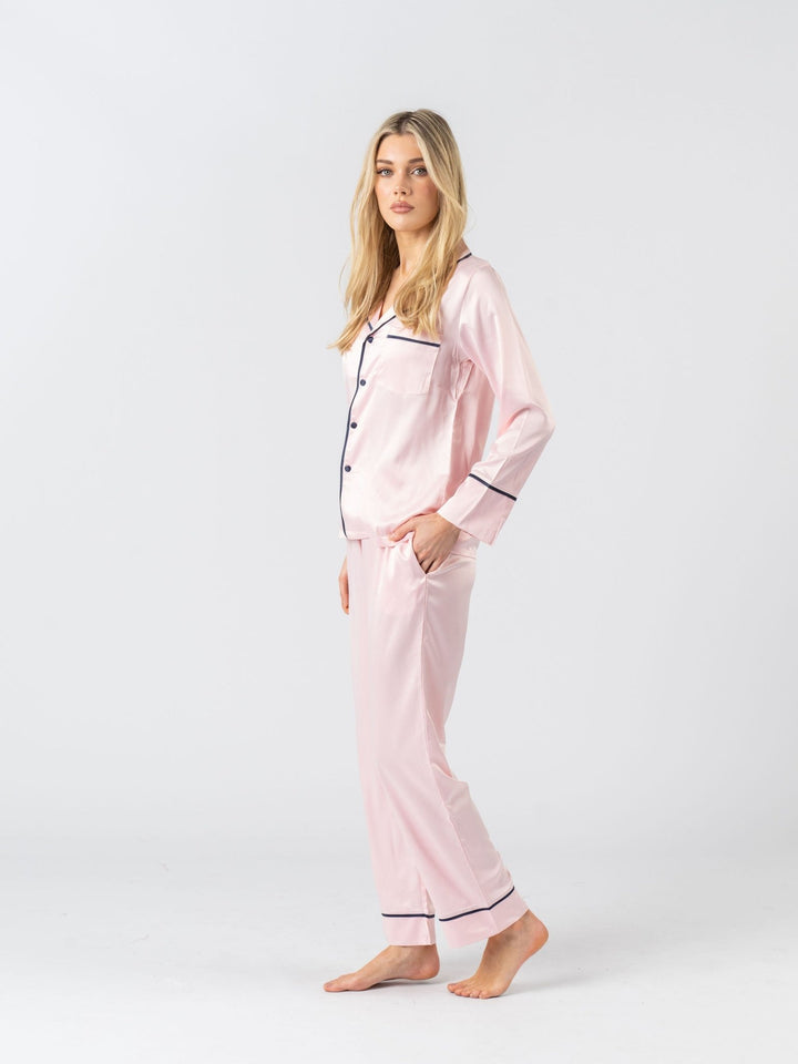 Satin Personalised Pyjama Winter Set - Long Sleeve & Long Pants Pink/Navy