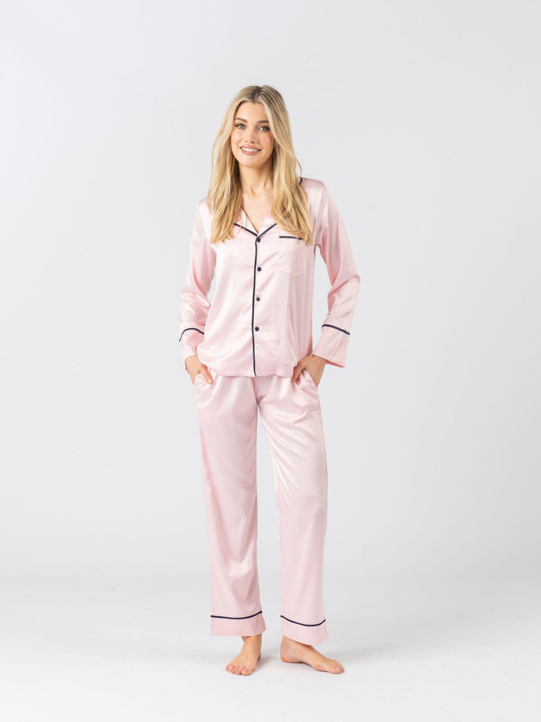 Satin Personalised Pyjama Winter Set - Long Sleeve & Long Pants Pink/Navy