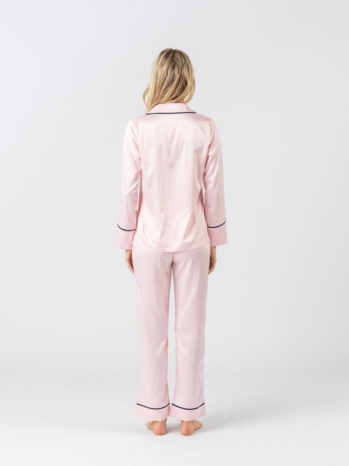 Satin Personalised Pyjama Winter Set - Long Sleeve & Long Pants Pink/Navy