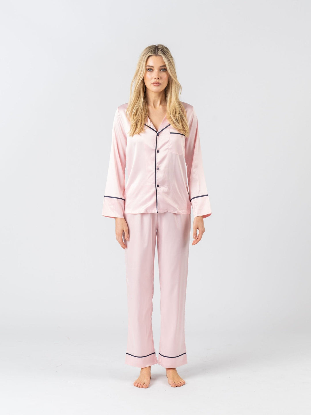 Satin Personalised Pyjama Winter Set - Long Sleeve & Long Pants Pink/Navy