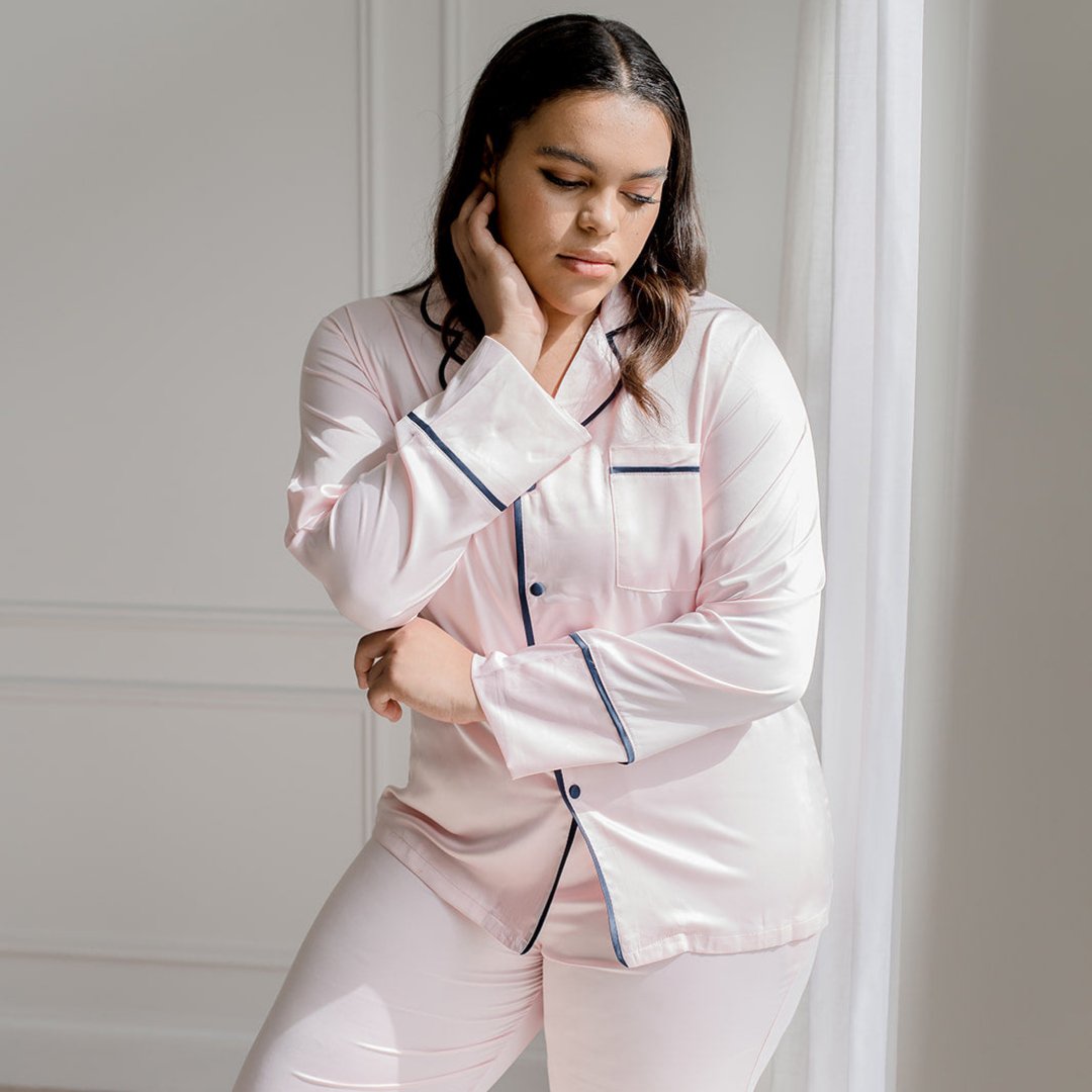 Satin Personalised Pyjama Winter Set - Long Sleeve & Long Pants Pink/Navy