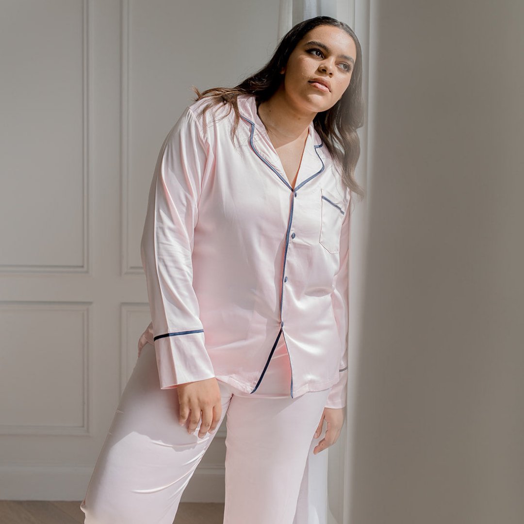 Satin Personalised Pyjama Winter Set - Long Sleeve & Long Pants Pink/Navy