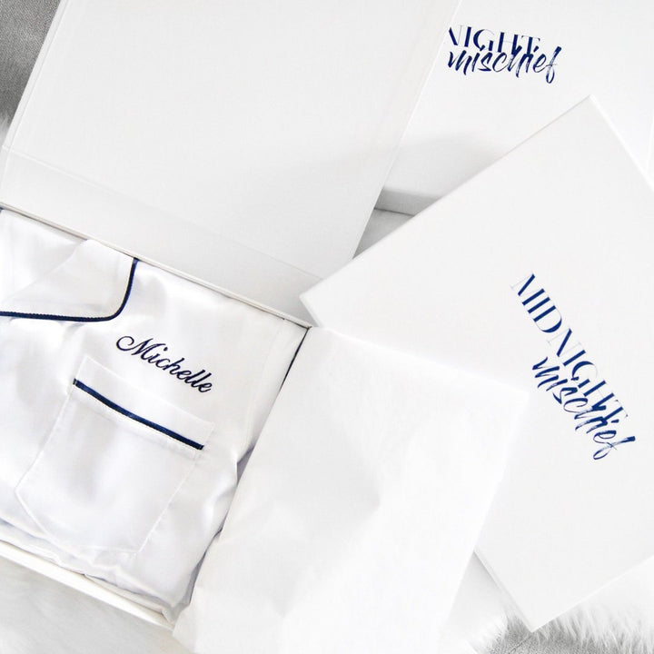Satin Personalised Pyjama Winter Set - Long Sleeve & Long Pants White/Navy (Faulty/Final Sale)