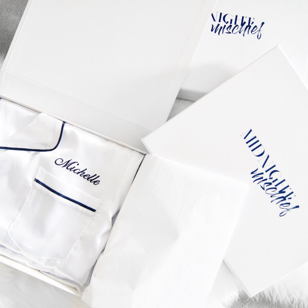 Satin Personalised Pyjama Winter Set - Long Sleeve & Long Pants White/Navy (Faulty/Final Sale)