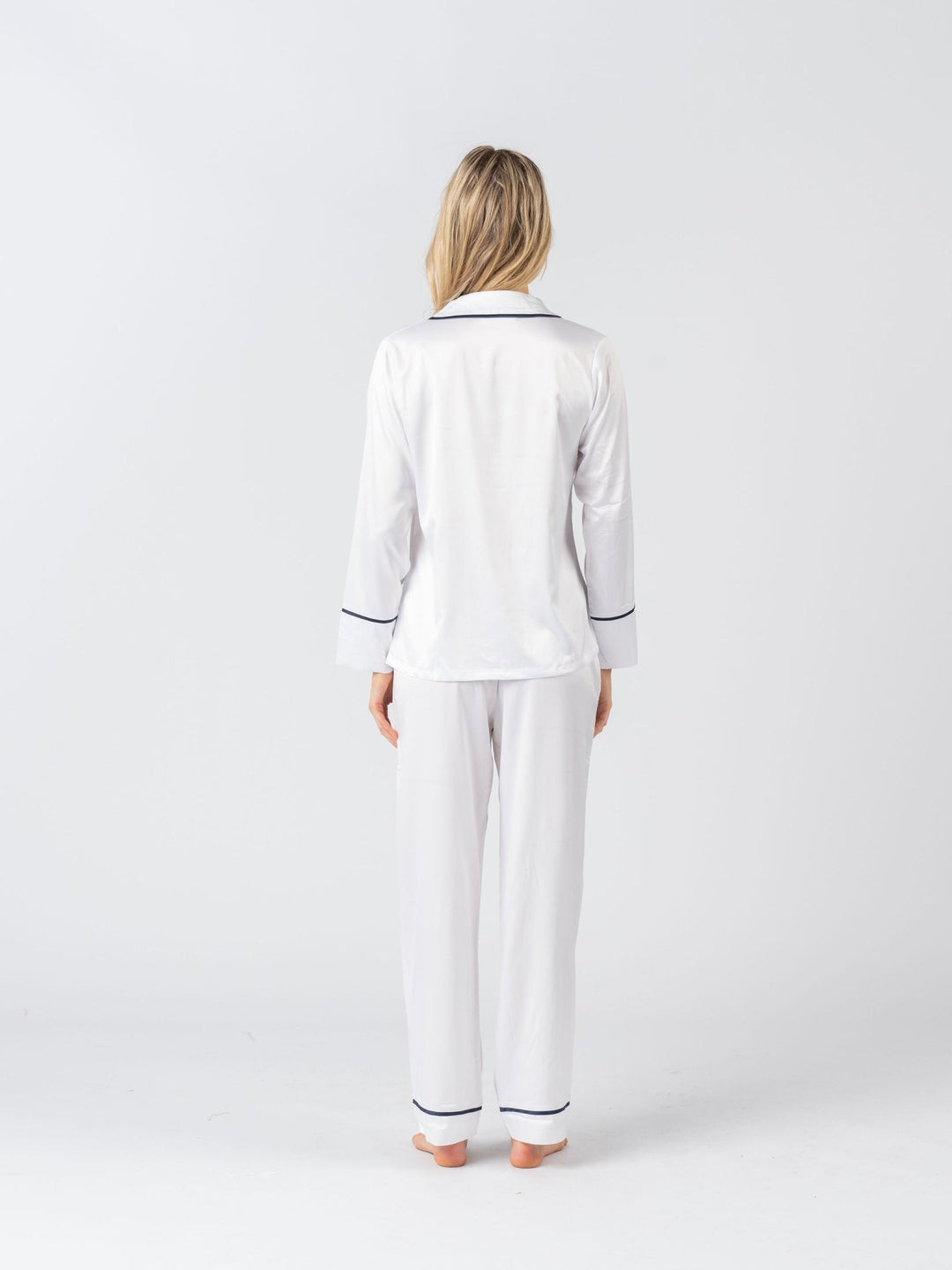 Satin Personalised Pyjama Winter Set - Long Sleeve & Long Pants White/Navy
