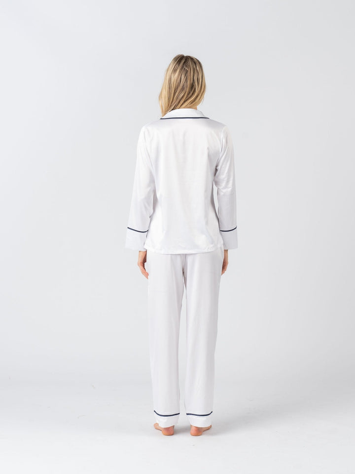 Satin Personalised Pyjama Winter Set - Long Sleeve & Long Pants White/Navy (Faulty/Final Sale)