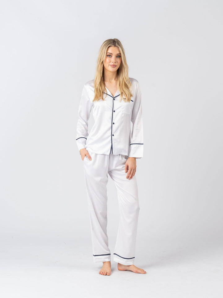 Satin Personalised Pyjama Winter Set - Long Sleeve & Long Pants White/Navy (Faulty/Final Sale)