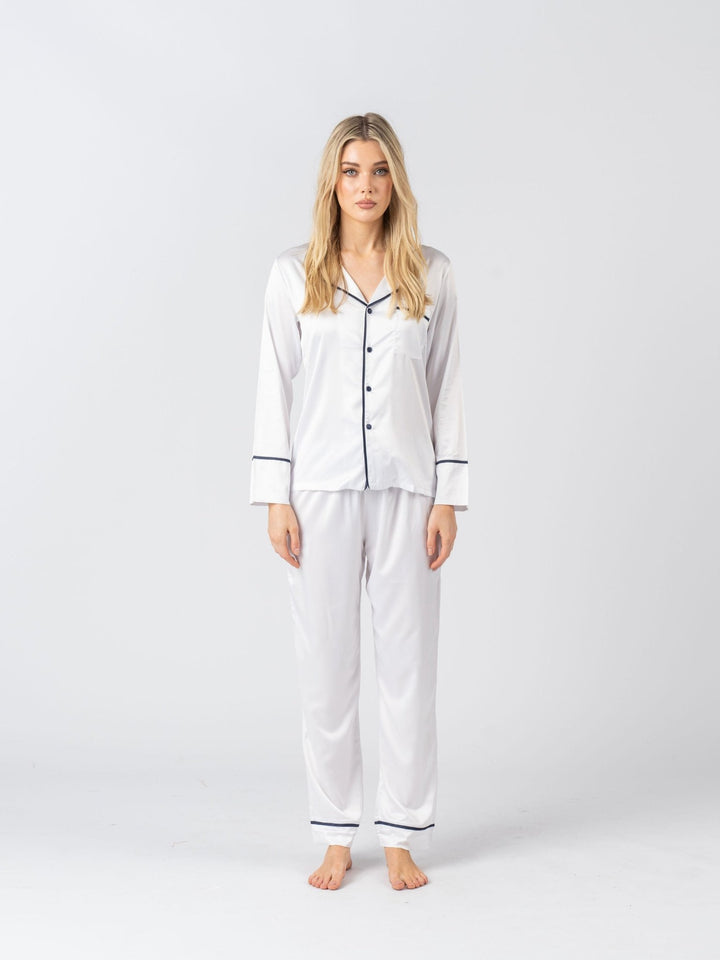 Satin Personalised Pyjama Winter Set - Long Sleeve & Long Pants White/Navy (Faulty/Final Sale)