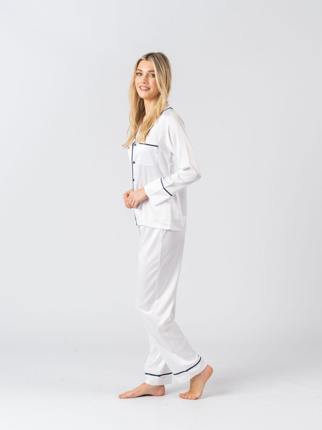 Satin Personalised Pyjama Winter Set - Long Sleeve & Long Pants White/Navy (Faulty/Final Sale)