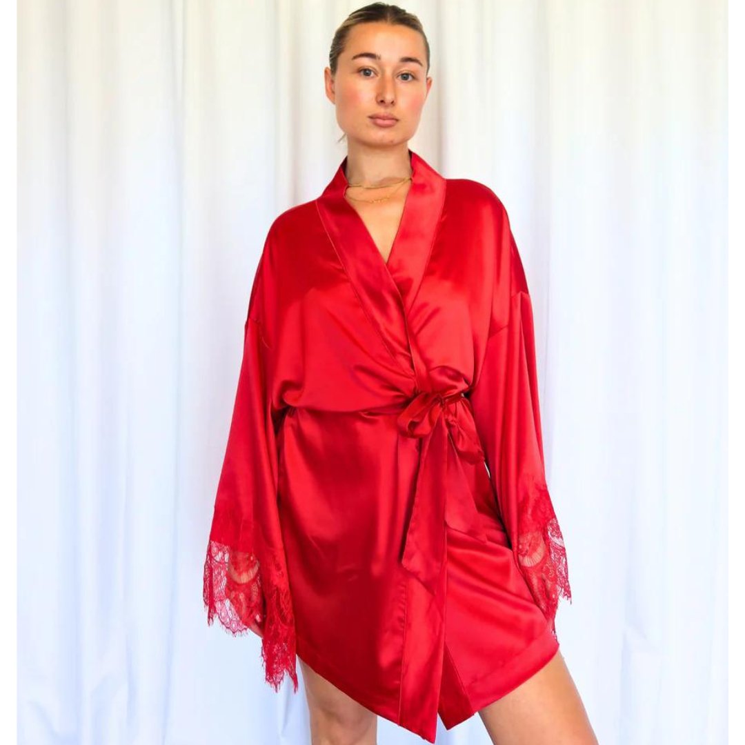 Satin Personalised Red Lace Short Robe - Red Lace Details