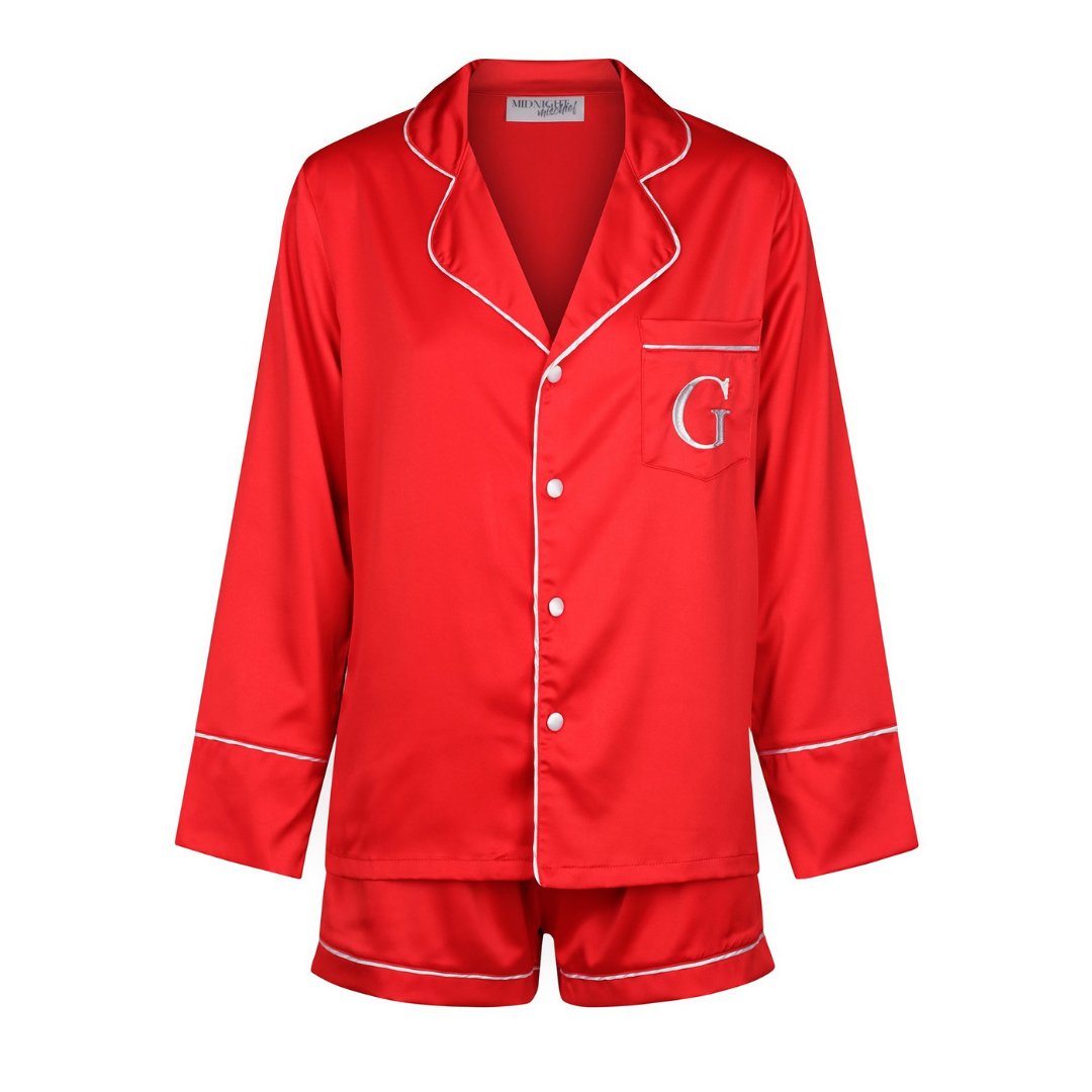 Satin Personalised Pyjama Set - Long Sleeve Red/White