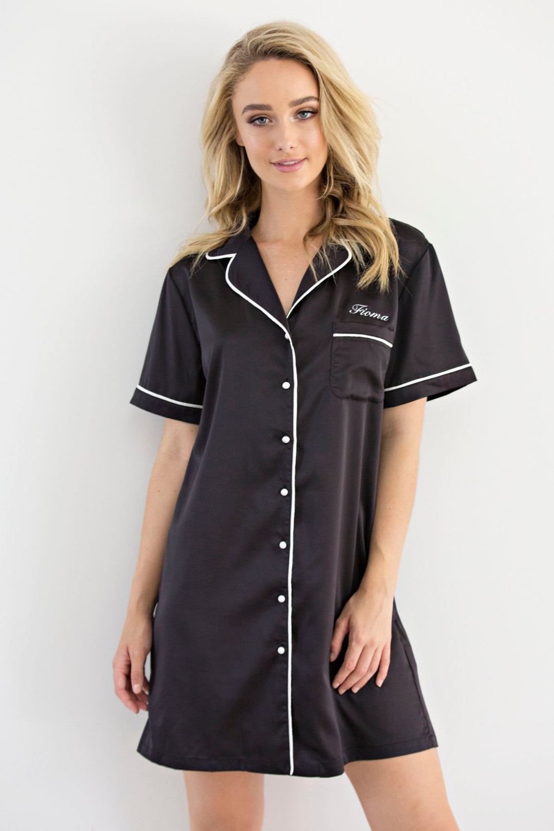 Satin Personalised Short Sleeve Boyfriend Shirt - Black/White