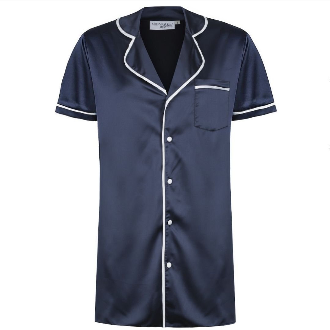 Satin Personalised Short Sleeve Boyfriend Shirt - Navy/White