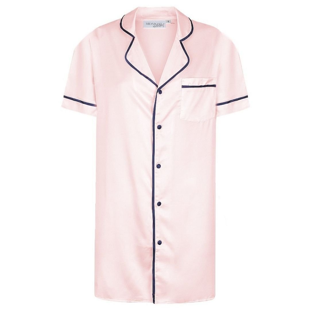 Satin Personalised Short Sleeve Boyfriend Shirt - Pink/Navy