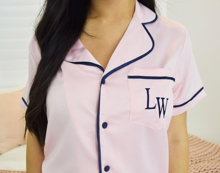 Satin Personalised Short Sleeve Boyfriend Shirt - Pink/Navy