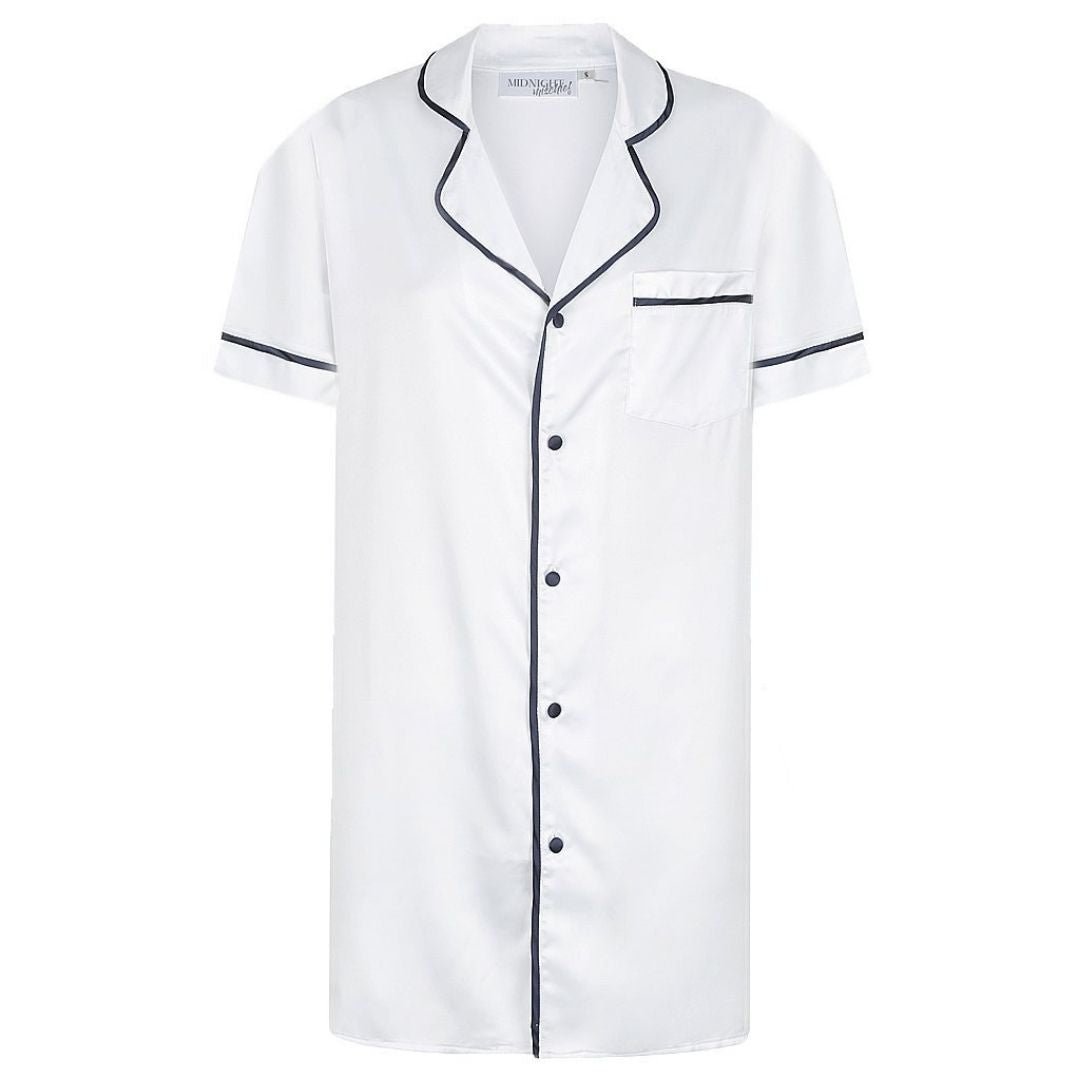 Satin Personalised Short Sleeve Boyfriend Shirt - White/Navy