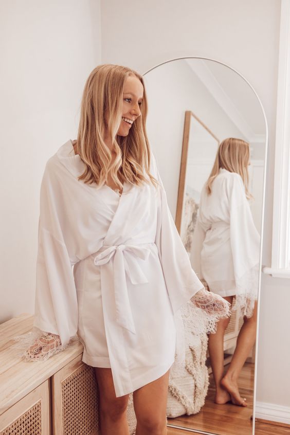 Bespoke Satin White Lace Short Robe - White Lace Details – Midnight ...