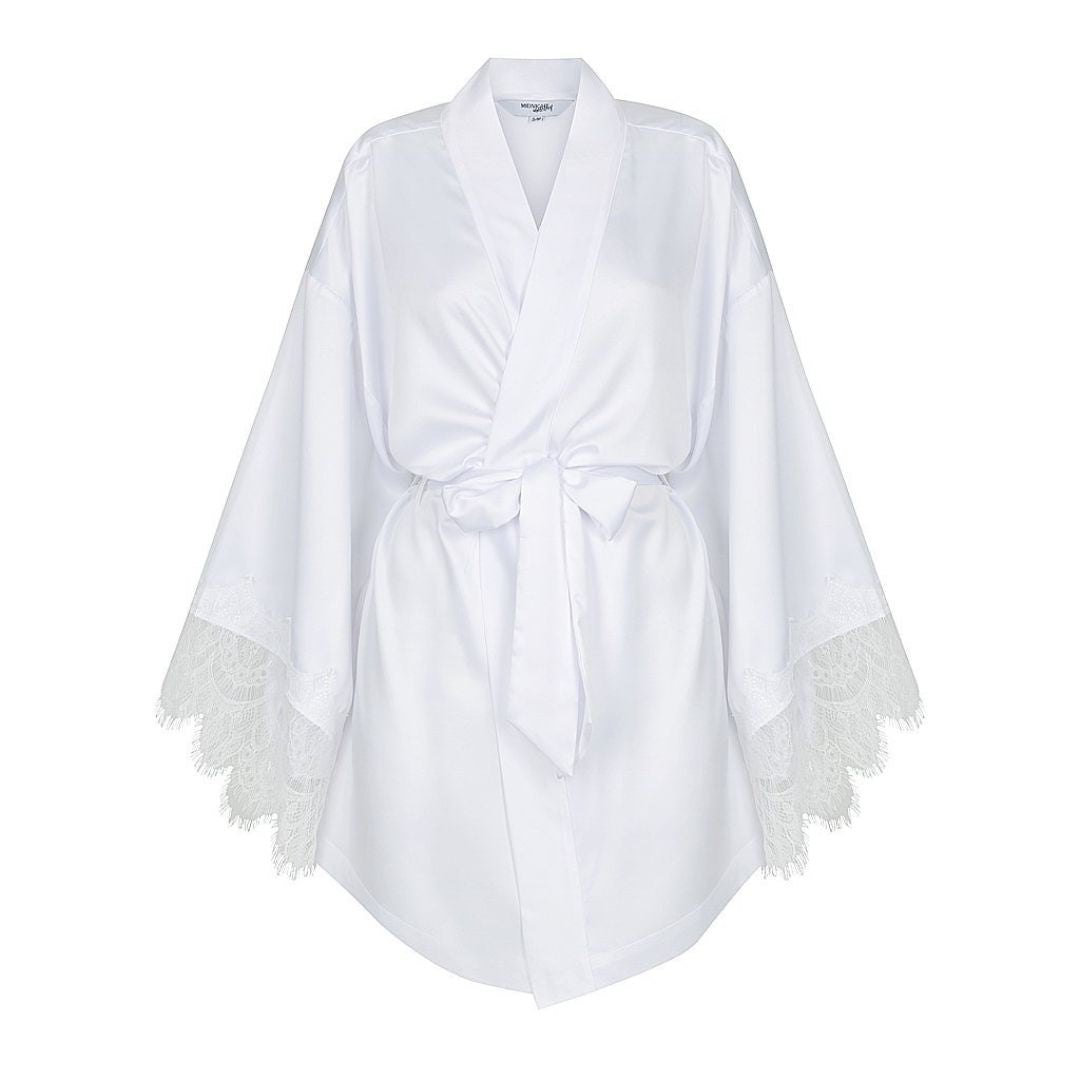 Satin Personalised White Lace Short Robe - White Lace Details