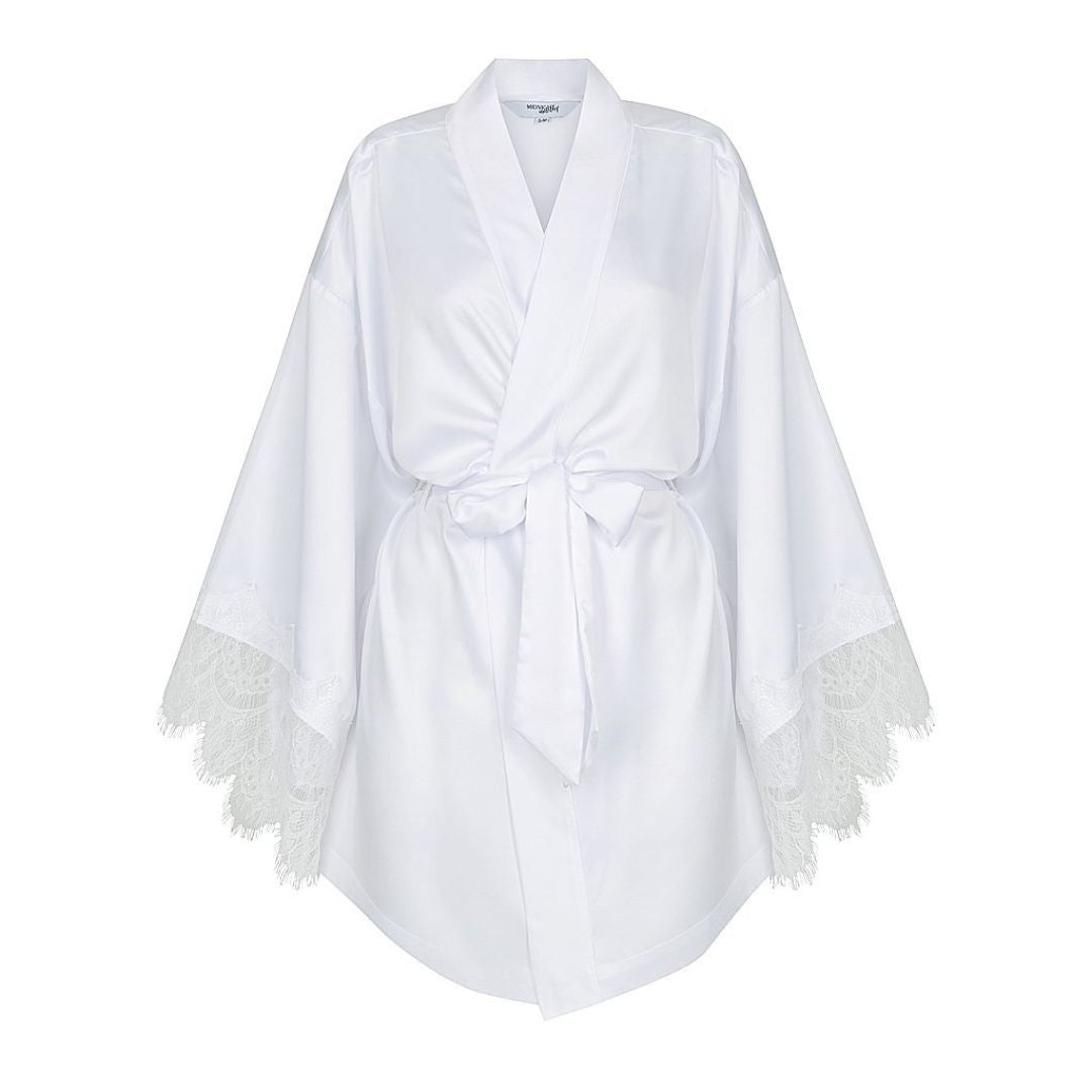 Leather Robe White Satin Personalised White Lace Short Robe - White Lace Details ...