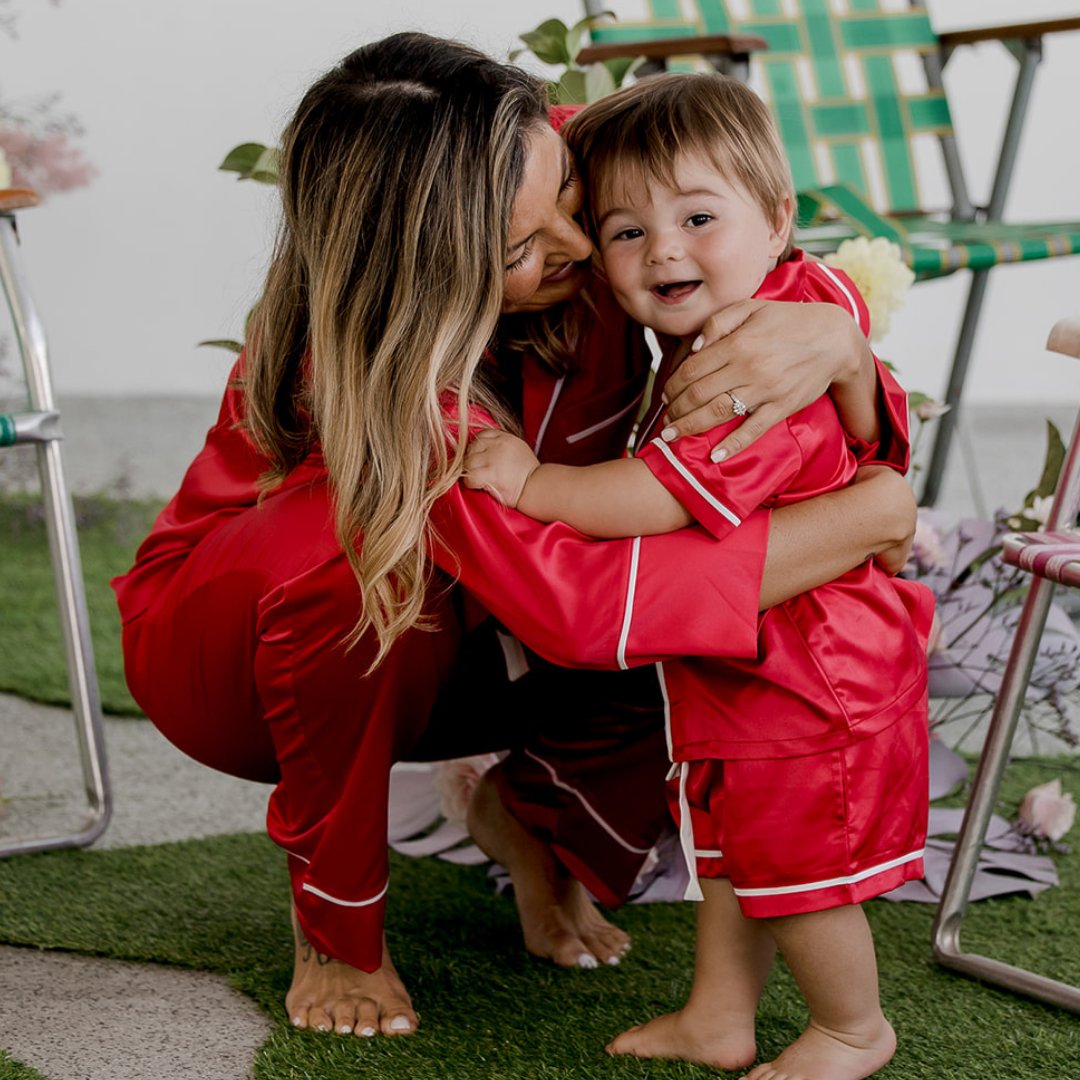 Satin Personalised Pyjama Winter Set - Long Sleeve and Long Pants Red/White