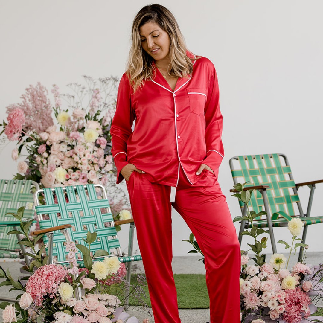 Satin Personalised Pyjama Winter Set - Long Sleeve and Long Pants Red/White