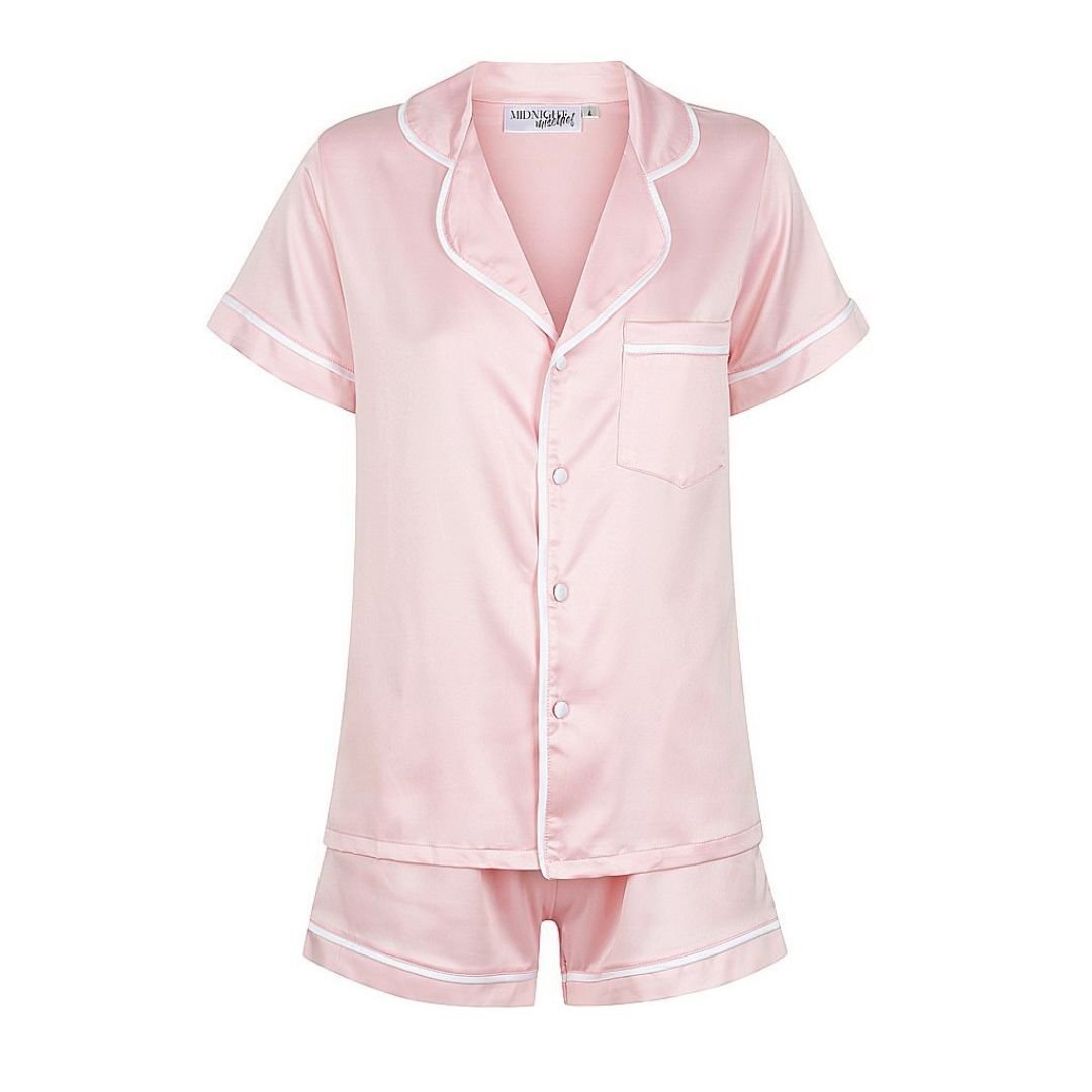 Satin Personalised Pyjama Set - Short Sleeve Bubble Gum Pink/White