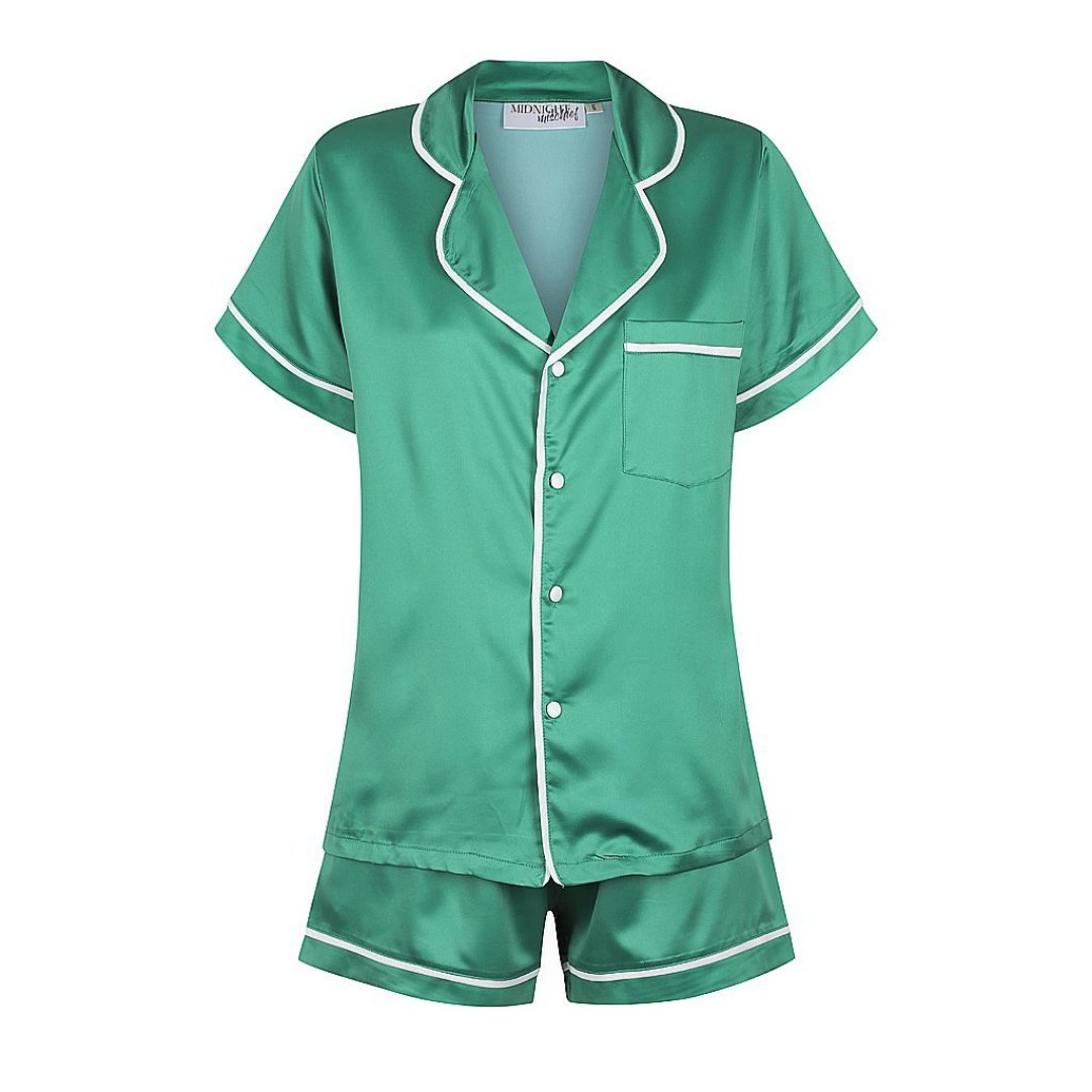 Satin Personalised Pyjama Set - Short Sleeve Emerald Green/White