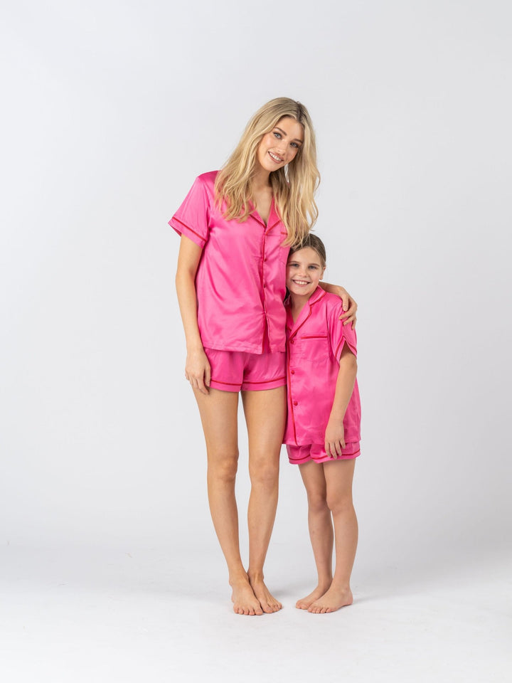 Satin Personalised Pyjama Set - Short Sleeve Hot Pink/Red