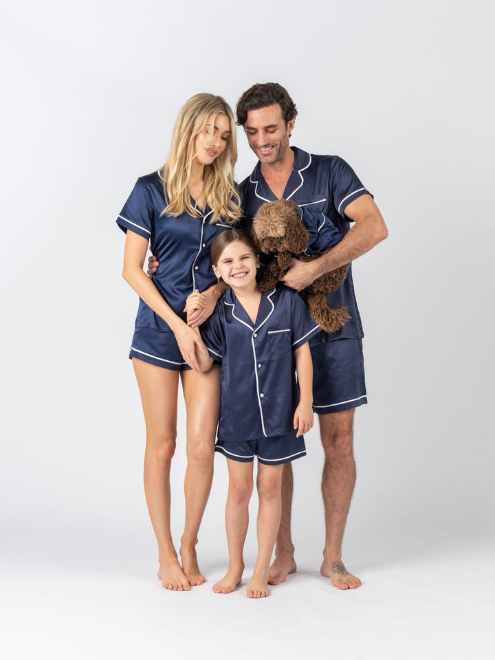 Satin Personalised Pyjama Set - Short Sleeve Navy/White