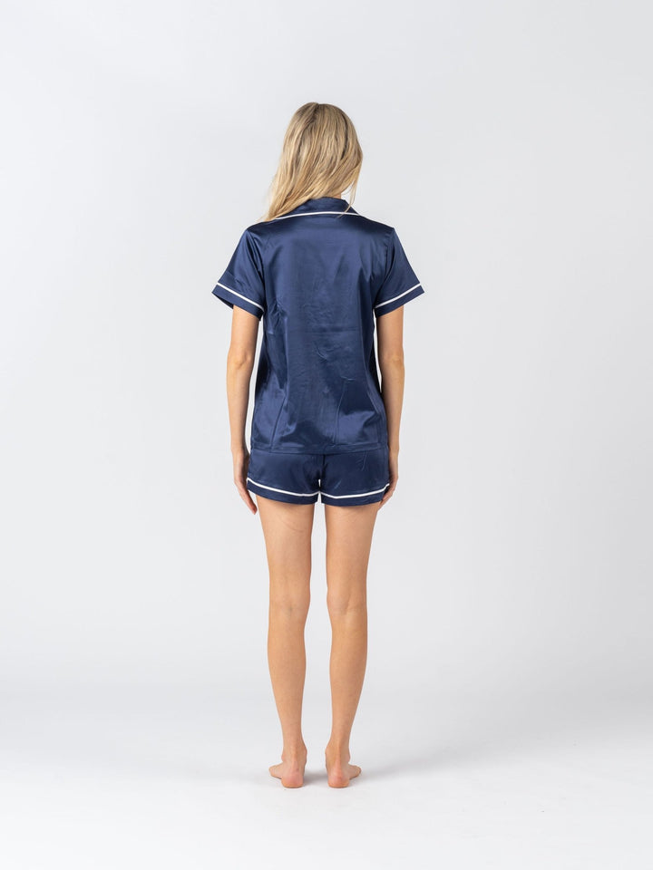 Satin Personalised Pyjama Set - Short Sleeve Navy/White